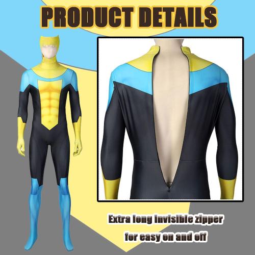 Invincible Cosplay Costume Mark Cosplay One-piece Skinny with Head Covering Blue Bodysuit Set for Men