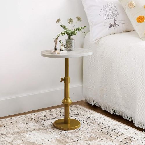 WHGBJA Adjustable Drink Table, 10x12x(22“~30) Martini Table with Metal Antique Brass Stand Base, Drink Tables for Small Spaces, Living Room, Bedroom, Or Office (White)