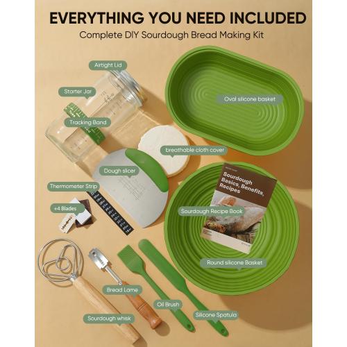 Sourdough Bread Baking Supplies 34 OZ Sourdough starter kit with 2 Bread Proofing Basket - Green