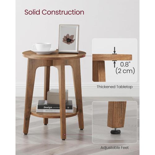 VASAGLE MAEZO Collection - Side Table, 2-Tier Small Round End Table, Nightstand with Tapered Legs, Curved Transitions, for Small Spaces, Living Room, Bedroom, Rustic Walnut ULET283T41