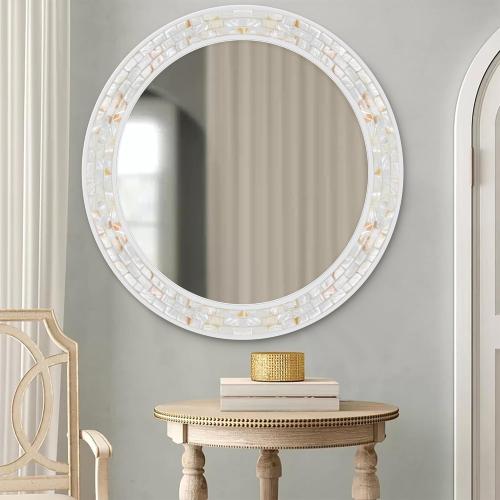 Tanmicoshomy 36 Inch Large Round Mirror, Natural Shell Inlay Framed Large Circle Mirrors with Shatterproof Glass for Bathroom Bedroom Living Room or Entryway (White)