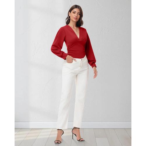 Size M Women V Neck Long Sleeve Blouse Dressy Ruched Shirts Bell Sleeve Wrap Top 2025 Trendy Casual Elegant Work Outfit
