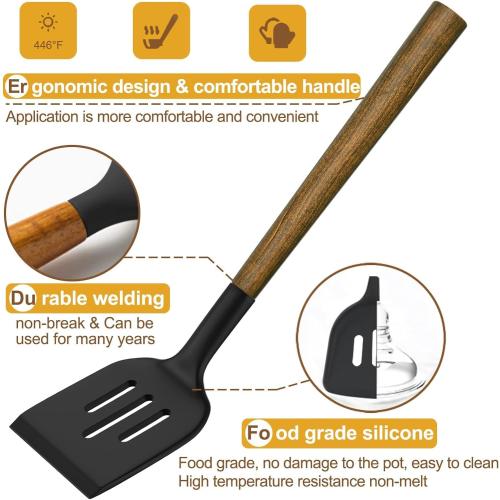 Silicone Cooking Utensil Set, Umite Chef 8-Piece Kitchen Utensils Set with Natural Acacia Wooden Handles,Food-Grade-Silicone Kitchen Gadgets Spatulas Set for Nonstick Cookware- Black ( 1 missing)