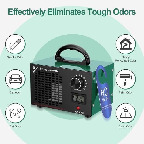 Ozone Generator & Ozone Odor Eliminator 60,000mg/h, Industrial & Home Ozone Machine with Temp/Humidity Display, Removing Odors for Rooms, Smoke, Cars, Pets, Basements, Farms(Green)