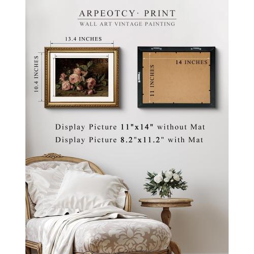 ARPEOTCY Vintage Gold Framed Wall Art, Retro Still life Pink Roses Canvas Prints Artwork with Antique Frame, Victorian Wall Paintings Decor for Living Room Gallery, 13x16 inch