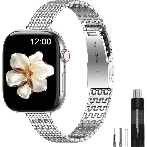 Slim Metal Stainless Steel Bands for Apple Watch 42/41/40/38mm | 44/45/46/49mm Thin Strap for Women Compatible with iWatch Band Ultra 3/2/1 11 10 9 8 7 6 5 4 3 2 1 SE, Durability, Adjustable
