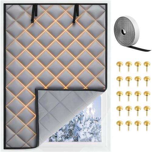 63 x 47 Inch Window Insulation for Winter, Thermal Window Cover 3 Layer with Oxford Cloth Thicken Cotton Filled, Roll-up Insulation Blanket Kit with Hook & Loop for Bedroom Attic to Keep Heat Warm