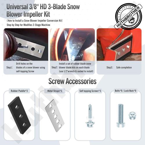 Snow Blower Impeller Modification Kit Universal 3/8 3-Blade, for Modifies 2-Stage Machine, (3)