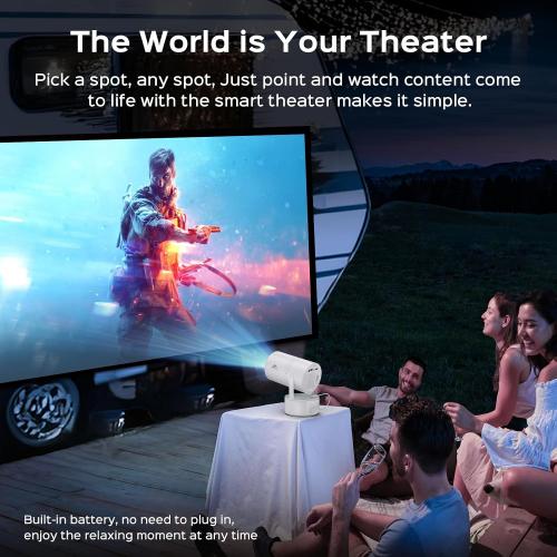 Color White [Built-in Battery] Mini Projector with Wifi and Bluetooth, Rechargeable Portable Outdoor Smart Projector with Support 4K Decoding, Electric Focus Home Theater for Phone, White
