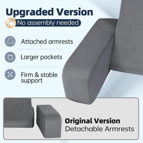 ENITYA 19 Back Support Pillow,Reading Pillow with Attached Arms & Large Pockets, Removable Washable Cover, Wedge for Sitting,Reclining,Watching TV,Post Surgery in Bed,Couch or Floor,Medium Firm,Grey