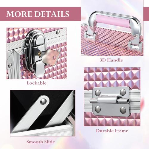 Joligrace Large Makeup Box Organizer, 12 Inch Makeup Train Case with Mirror, Cosmetic Travel Case with 3 Trays, Lockable Train Case for Makeup Artists & Nail Tech Supplies Pink
