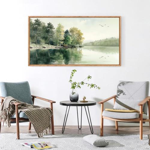 KAIRNE Framed Nature Canvas Wall Art Set,Misty Forest Wall Decor,Green Mountain Forest Pictures,Lake Water Painting set of 1(20”x40”),Landscape Scene Print for Living Room, Bedroom,Gallery Decor