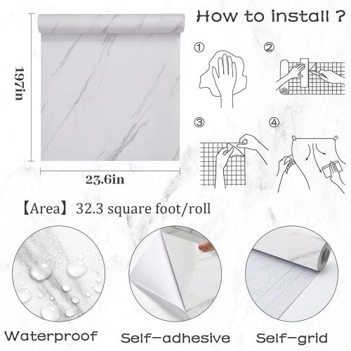 Size 23.6x197 Glossy Marble Contact Paper White Peel and Stick Wallpaper Marble Wallpaper Self-Adhesive Removable 23.6x197 Wall Paper for Cabinets Bathroom Waterproof Wallpapers Modern Decorative