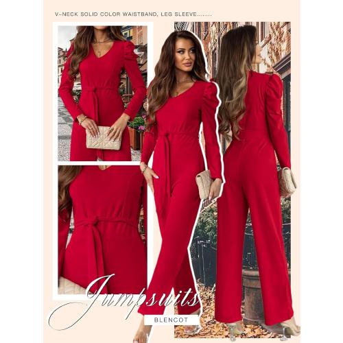 Size L BLENCOT Jumpsuit Long Sleeve Casual V Neck Belted Wide Leg Formal Rompers Jumpsuit