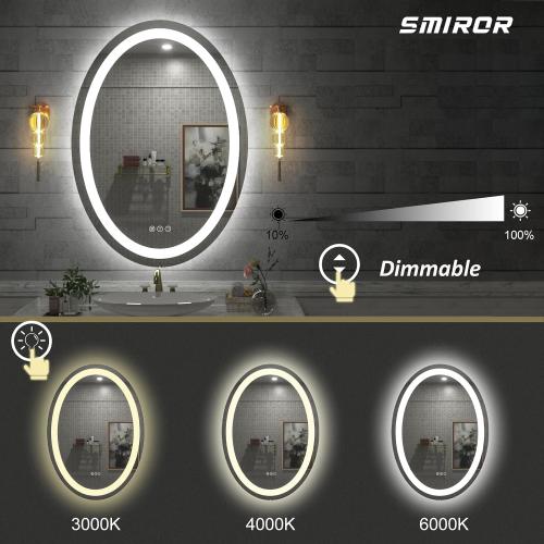 SMIROR Oval LED Bathroom Mirror 24x32, Lighted Vanity Mirror for Wall, Anti-Fog, Shatter-Proof, Dimmable, Memory, 3 Colors (Front Lights   Backlit)