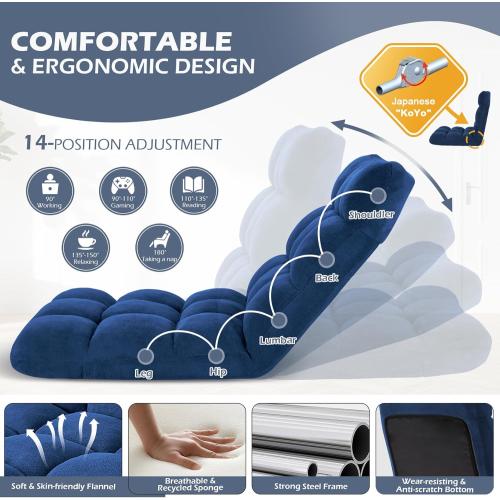 Avocahom Folding Floor Gaming Chair 14-Poistion Cushioned Adjustable Floor Lazy Sofa Chair w/Breathable Cotton & Skin-Friendly Velvet for Adults & Kids Perfect for Reading Gaming Meditating, Darkblue