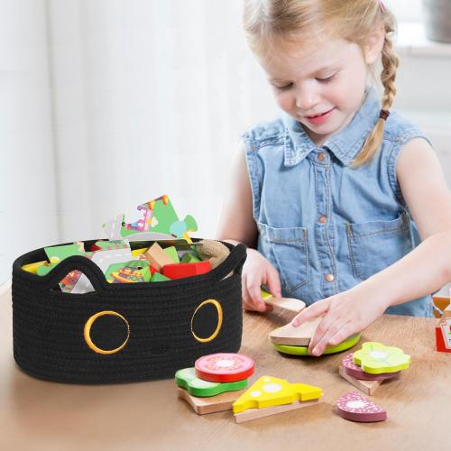 Black Cat Toy Basket, Small Woven Cat Toy Storage Box with Cute Ears Handle Indoor, Cotton Rope Storage Bin with Embroidered Face for Halloween Decor, Pet Bed, Nursery Kids Room Organization
