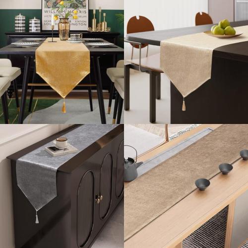 BALCONY & FALCON Table Runner Faux Linen with Tassel Shimmer Gold 14x51