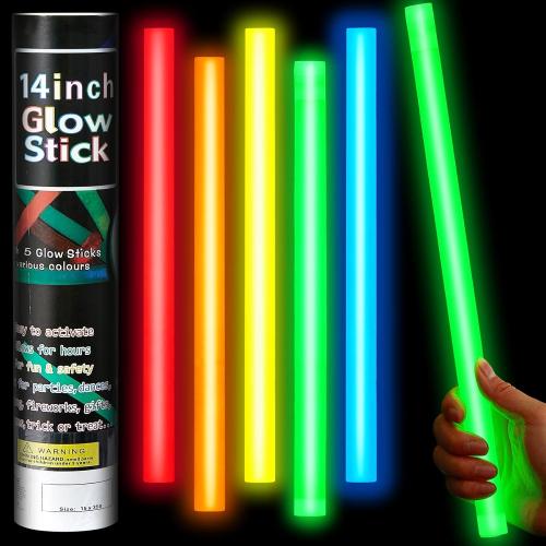 Lewtemi 5 Pcs Large Glow Sticks, 14 Inch Jumbo Light up Sticks Holiday Colorful Sticks Emergency Glow in The Dark Party Supplies for Camping, Halloween, New Year