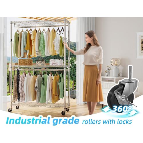 Simple Trending Clothing Garment Rack with 3 Tiers Storage Shelves, Heavy Duty Rolling Clothes Organizer Double Rods with Wheels for Hanging Clothes, Chrome