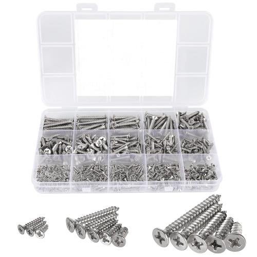 525Pcs M2 M3 M4 Phillips Flat Head Self Tapping Wood Screws,304 Stainless Steel, 13 Sizes Cross Countersunk Sheet Metal Screws Assortment for Wood,Plastic and Metal.Coarse Threaded, Sharp Point