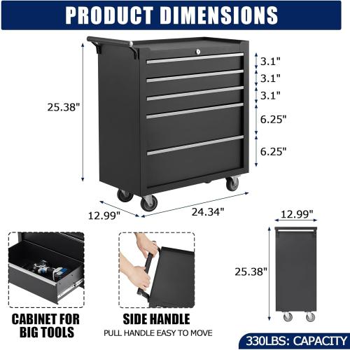 GarveeHome 5-Drawer Tool Chest, Rolling Tool Box with Wheels and Lock System, Portable Storage Rolling Tool Chest for Warehouse, Workshop & Repair Shop, Black