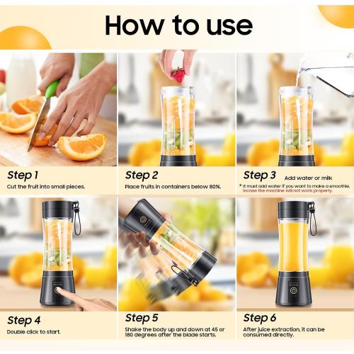 Cordless Portable Personal Size Blender - USB Rechargeable Blender for Smoothies and Shakes, 6 Blades with 380Ml BPA Free Juice Cup, Freshly Squeezed for Picnic/Sports