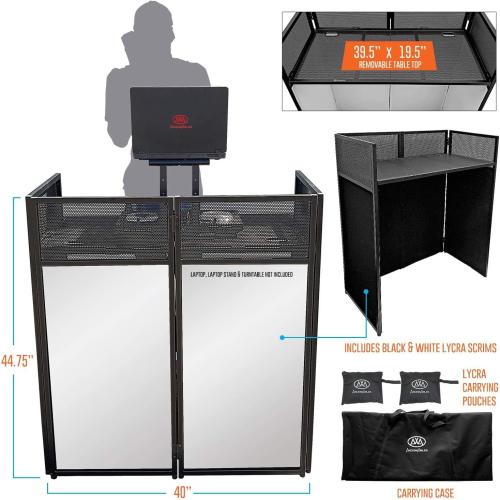 AxcessAbles Portable DJ Facade Booth with Black and White Lighting Scrims, Carry Cases | Standing DJ Table - 40 x 20 | DJ Controller Stand | Recording Mixer Stand | DJ Booth (ES-01)