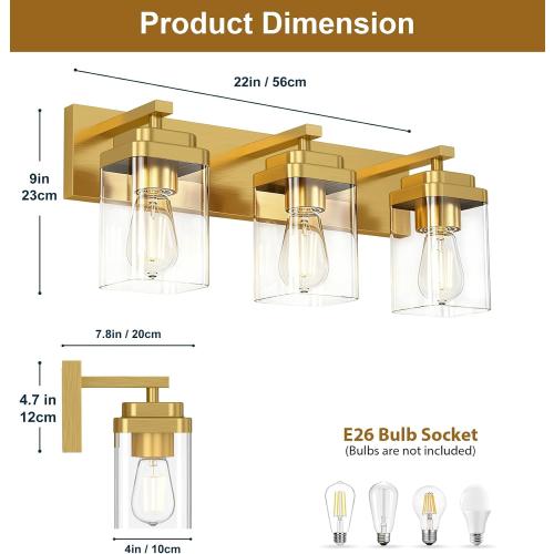 Brushed black Bathroom Light Fixtures, 3 Lights Bathroom Lighting Fixtures Over Mirror, Square Design & Rectangle Large Backplate, Modern Vanity Lighting Fixtures, for Living Room/Bedroom