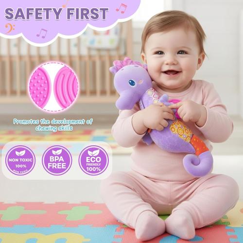 Baby Toys 0-6 Months,Infant Musical Seahorse Stuffed Animals Sensory Toys with Bright Colors,Multiple Textures,Rattles & Crinkle Sound Paper,Tummy Time Toy for Newborn Boys Girls 0-12 Months-Purple