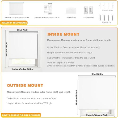 Blackout Roller Shades for Windows, Cordless Free-Stop Blinds with Thermal Insulated,UV Protection Fabric. Pull Down Room Darkening Door Blinds for Home, Office Easy to Install(36 W x 72 H,White)