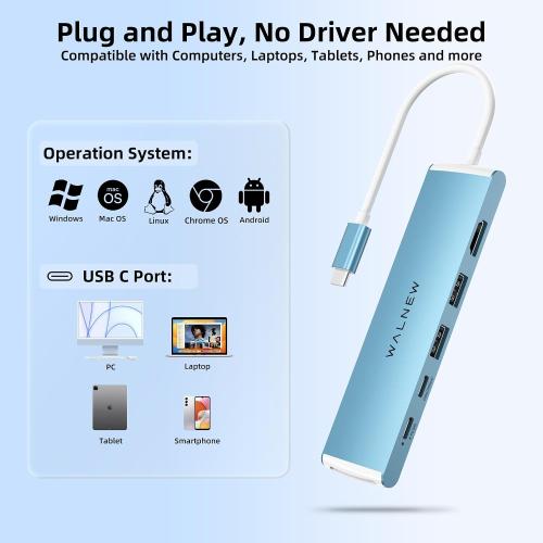 ‼️Starlight Color‼️WALNEW 7 in 1 USB-C Hub with 4K HDMI,100W PD,5Gbps Data Port(1 Type-C & 2 USB 3.0),SD/TF Reader, Thunderbolt 4 Dock Multiport Adapter for MacBook Pro Air,Mac,iPad 10/Mini 6,Surface