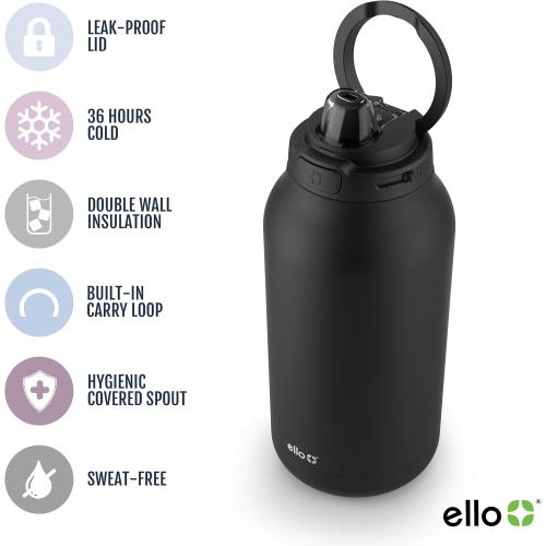 Ello Hydra 64oz Stainless Steel Water Jug with Locking Leak Proof Lid | Reusable Half Gallon Vacuum Insulated Metal Bottle with Silicone Straw, Keeps Drinks Cold All Day, Gift Ready, Black