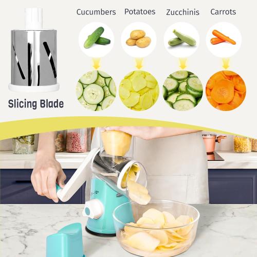 Blue X Home Rotary Cheese Grater for Kitchen, Shredder with 3 Interchangeable Blades, Rotary Grater with Handle and Strong Suction Base, for Vegetables, Fruit, Nuts, Easy to Use and Clean, Blue