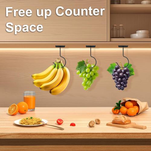 2 Pcs Banana Hook, Under Cabinet Foldable Banana Hanger | Black Self-Adhesive Under Cabinet Foldable Metal Banana Hanger, Banana Hook Holder to Keep Bananas Fresh, Save Space