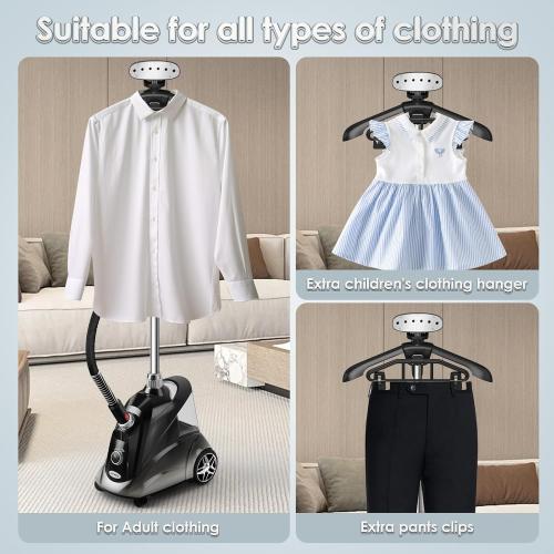Color Black Steamer for Clothes, Jenaely 1500W Standing Garment Steamers, 35s Fast Heat-up, 80 Mins of Continuous Powerful Steam with 2.8L Water Tank, Pants Clip & Children's Clothing Hanger