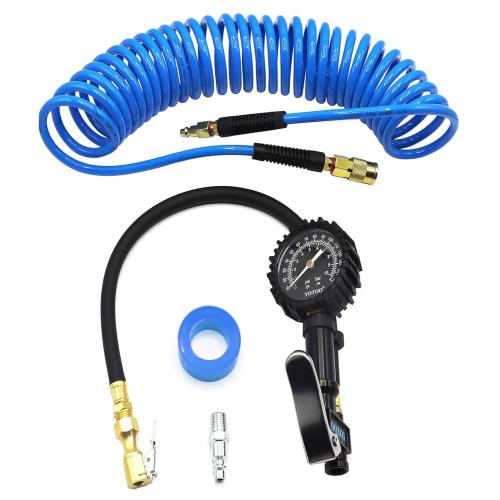 YOTOO Recoil Air Hose Kit with Tire Inflator Gauge, 1/4 Industrial Quick Coupler and Plug for tire infaltion and air Tools