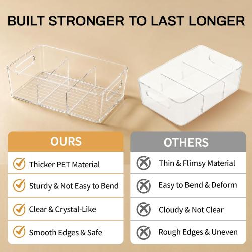 Mpotmiy 6-Pack Pantry Organizers and Storage, Clear Fridge Organizer Bins | Clear stackable plastic bins with removable dividers for packets, snacks, pouches and spices in pantry, fridge or freezer.