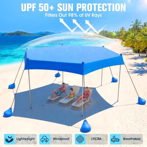 Beach Canopy Tent Sun Shade UPF50  UV Protection,2026 Upgraded Hexagon Beach Shade Canopy with 6 Sandbags & 6 Stability Poles, Outdoor Portable Sun Shelter for Beach, Camping Trips, Fishing, Backyard