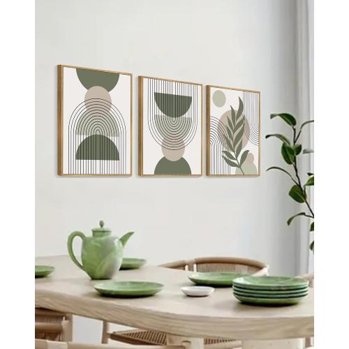 Drsoum 11x14in Boho Wall Art Green Sage Decor Framed Wood Modern Bohemian Abstract Geometry Canvas Prints Ready to Hang