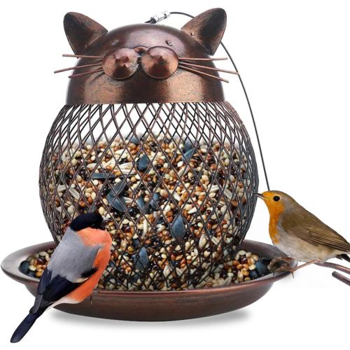 Outside Wild Bird Feeder, Heavy Duty Metal Frame Outdoor Bird Feeders Hanging for Garden Yard Decoration, Cute Cat Shaped