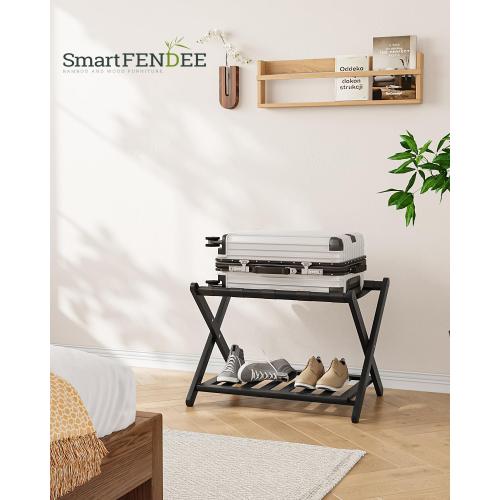 2 Pack Fully Assembled Black Bamboo Luggage Racks with Shoe Shelf, 5 Straps Folding Suitcase Stand, Heavy Duty Luggage Holders for Guest Room, Bedroom, Hotel
