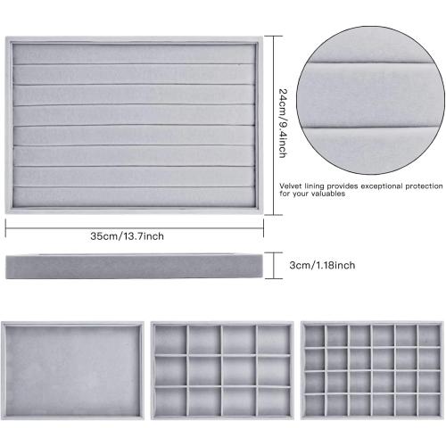 Grey 4 Pack Lainrrew Jewelry Tray, 4 Pack Jewelry Organizer Velvet Jewelry Tray Stackable Jewelry Trays, Necklace & Earring Holder, Divided Bracelet & Ring Storage- Elegant Display Case (Gray)