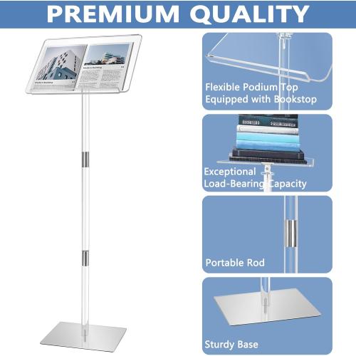 Podium Stand, Lecterns & Podiums, Acrylic Podium, Portable Podium Stand, Adjustable Angles with Metal Base, Podium for Classroom, Church, Weddings, Speech, 16 L x 12 W x 43 H, Clear