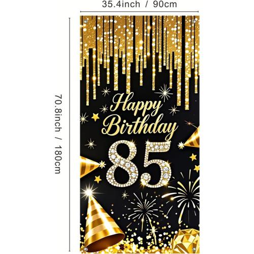 85th Birthday Door Cover 71x35 Inch Black and Gold Birthday Door Banner for Party Decorations Diamond Number Backdrop Sign for Women Men Adults Photo Booth Prop Wall Decor