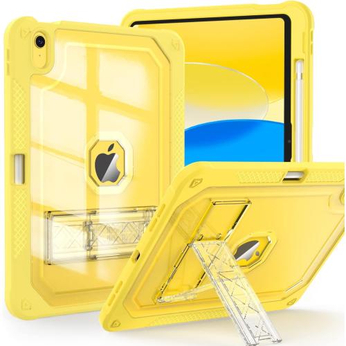 Case for iPad 11-inch (A16) 2025 / iPad 10th Gen 10.9 inch 2022, Heavy Duty Shockproof Rugged Protective with Pencil Holder, 11th / 10th Translucent Cover with Kickstand, Yellow