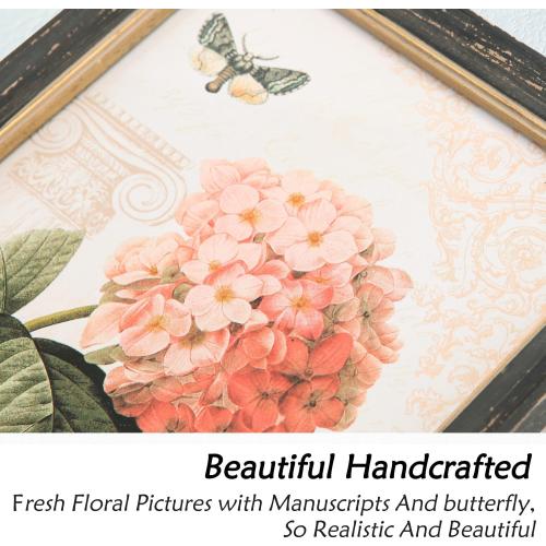 NIKKY HOME Vintage Botanical Wall Art Set of 2, Rustic Wooden Framed Floral Flower Plant Butterfly Pictures Prints Poster Decor for Bathroom Bedroom Living Room Kitchen Office, 13 x9 Inch