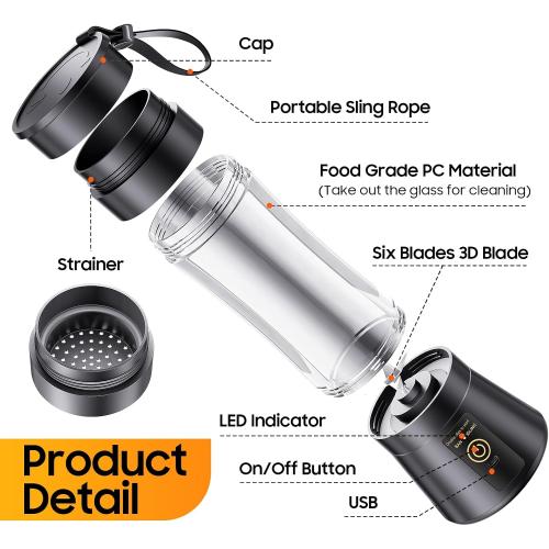 Cordless Portable Personal Size Blender - USB Rechargeable Blender for Smoothies and Shakes, 6 Blades with 380Ml BPA Free Juice Cup, Freshly Squeezed for Picnic/Sports