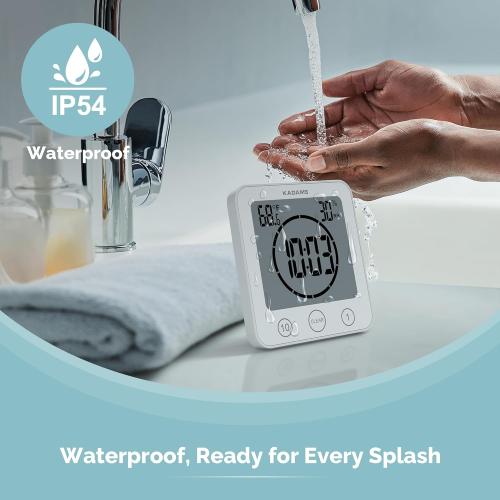 KADAMS Shower Clock Waterproof Bathroom Timer – Digital Wall Clock with Countdown, Magnetic Kitchen Clock with Temperature & Humidity, Suction Cup for Kids Shower Spa Sauna Cook Bath, White