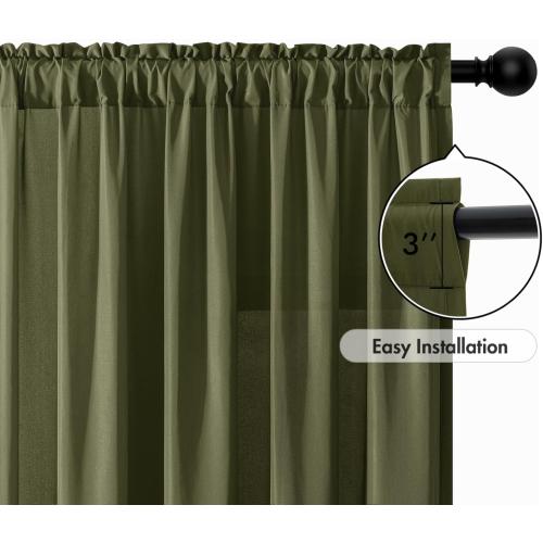 MIULEE Olive Green Privacy Sheer Curtains That Let Light in 84 Inches Long Non-See-Through Semi Sheer Curtain Light Filtering Window Curtains Drapes for Living Room Bedroom 2 Panels Set 42 X 84